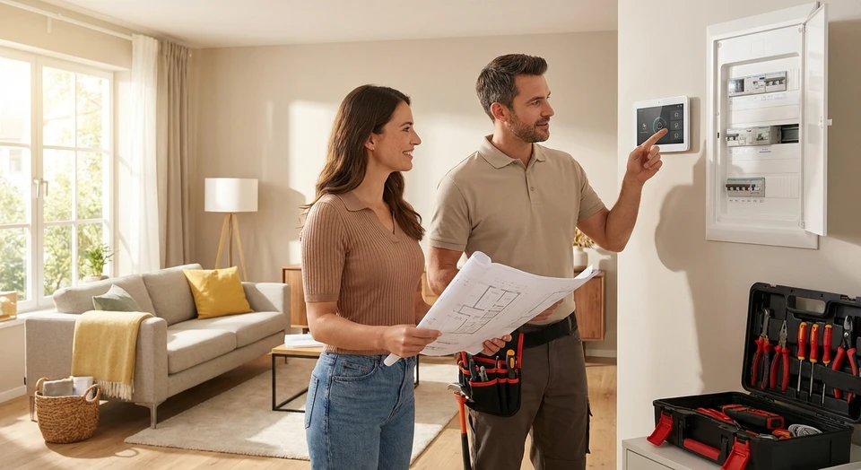 Photographie professionnelle en intérieur d'une maison ou d'un appartement montrant un électricien en tenue de travail (chemise ou t-shirt de couleur neutre) discutant face à face avec un client (homme ou femme en tenue ordinaire). L'électricien tient un plan ou pointe du doigt vers un tableau électrique ou un élément d'installation électrique visible en arrière-plan. La scène doit transmettre une relation de confiance, d'écoute et de conseil personnalisé dans un contexte authentique de travaux électriques ou domotique.