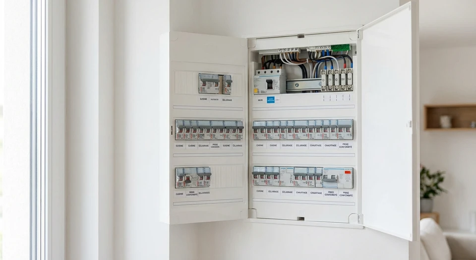 Gros plan sur un tableau électrique blanc avec disjoncteurs et fusibles correctement installés et étiquetés, dans un intérieur résidentiel moderne. La photo montre clairement l'organisation interne du tableau avec les éléments de sécurité en place, symbolisant la conformité et la protection technique de l'installation électrique d'une maison.